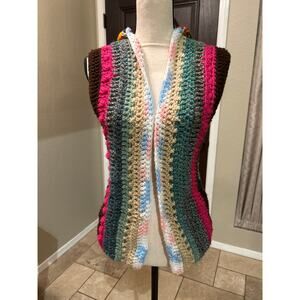 Vintage Multicolor Crochet Knit Handmade Hooded Vest